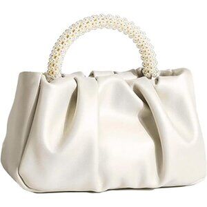 Women Small Pearl Handbags Soft Leather Cream